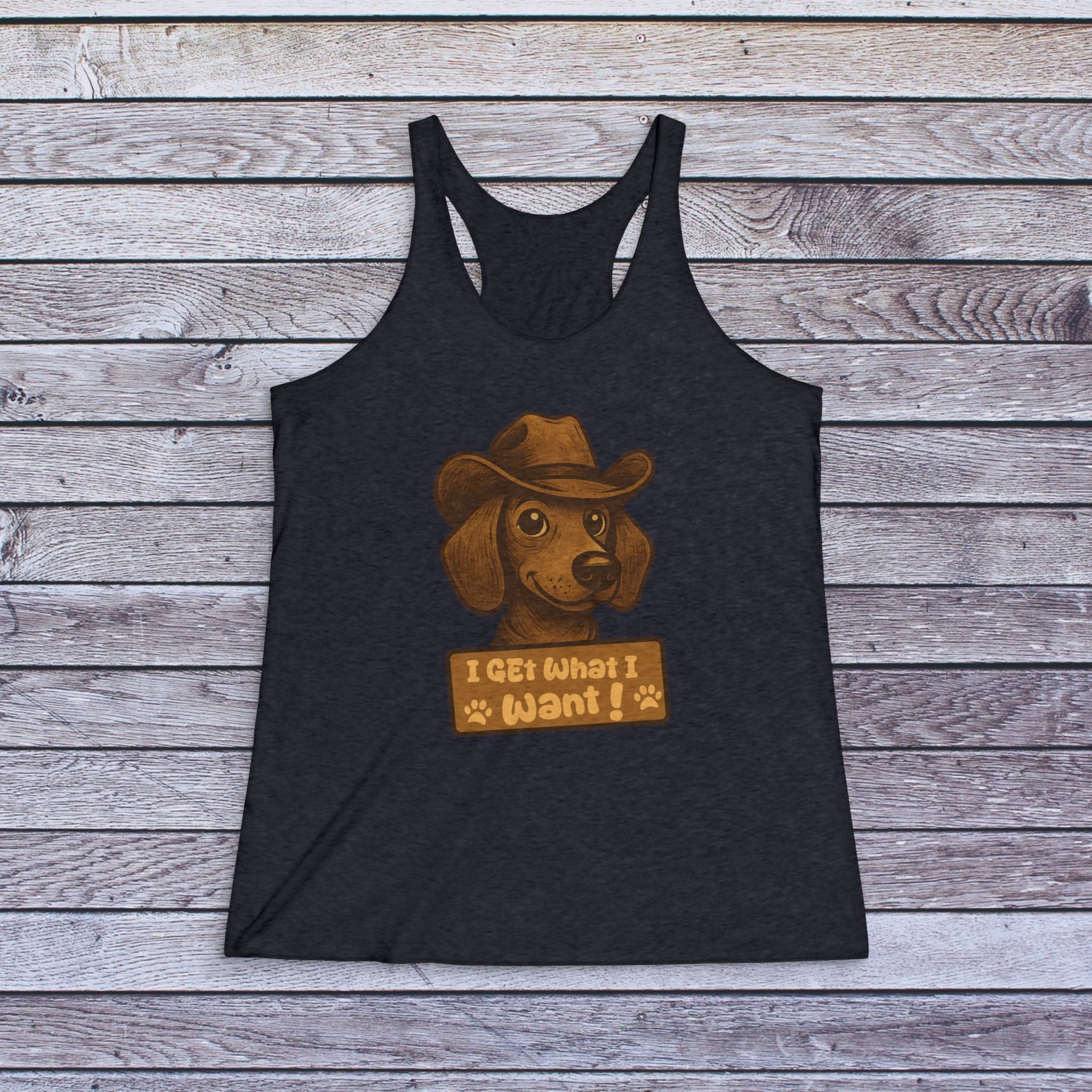 Dog Lover Tank Top — 'I Get What I Want' Cowboy Dachshund Racerback