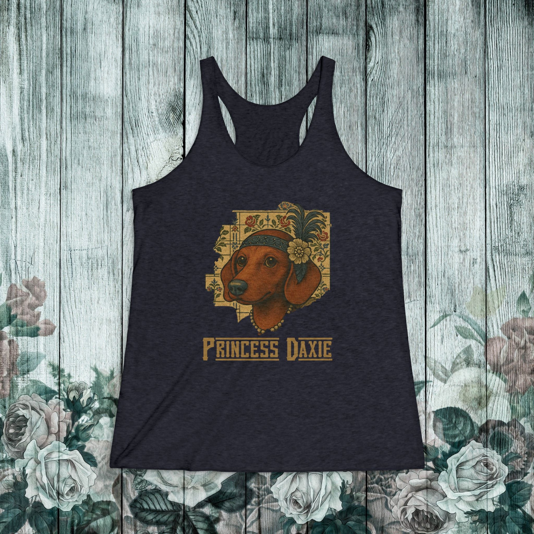 Princess Daxie Racerback Tank — Vintage Floral Dachshund Tee