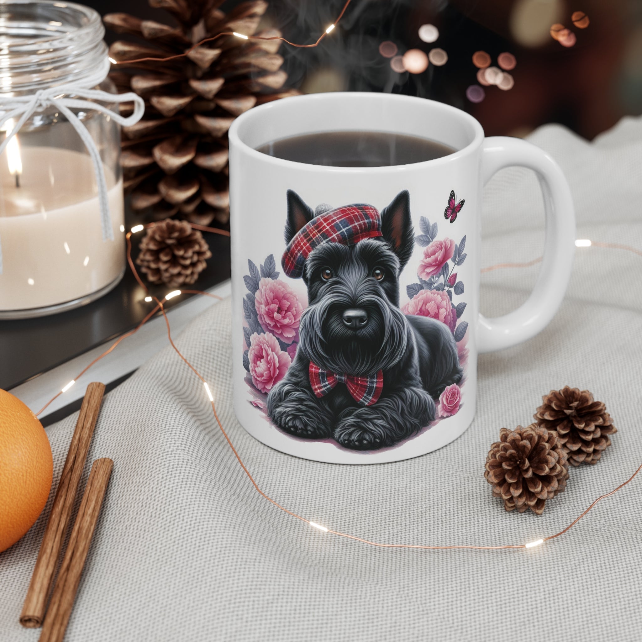 Scottish Terrier Floral 11oz Coffee Mug — Cute Scotty Dog with Plaid Hat & Bow