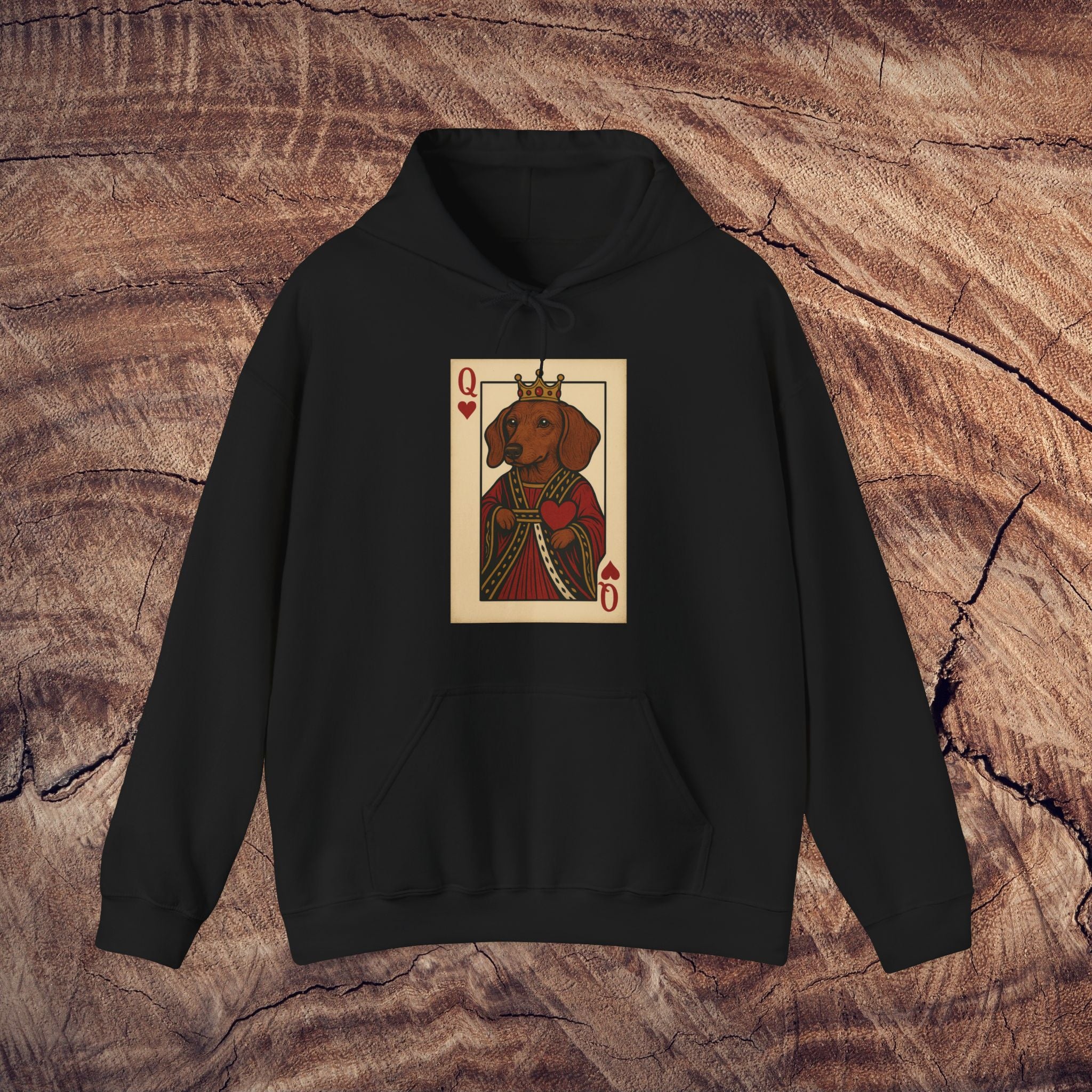Queen Sausage Dog Hoodie, Cozy Pet Lover Sweatshirt, Cartoon Dog Apparel, Fun Graphic Hoodie, Gift for Dog Owners, Animal Lover Clothing