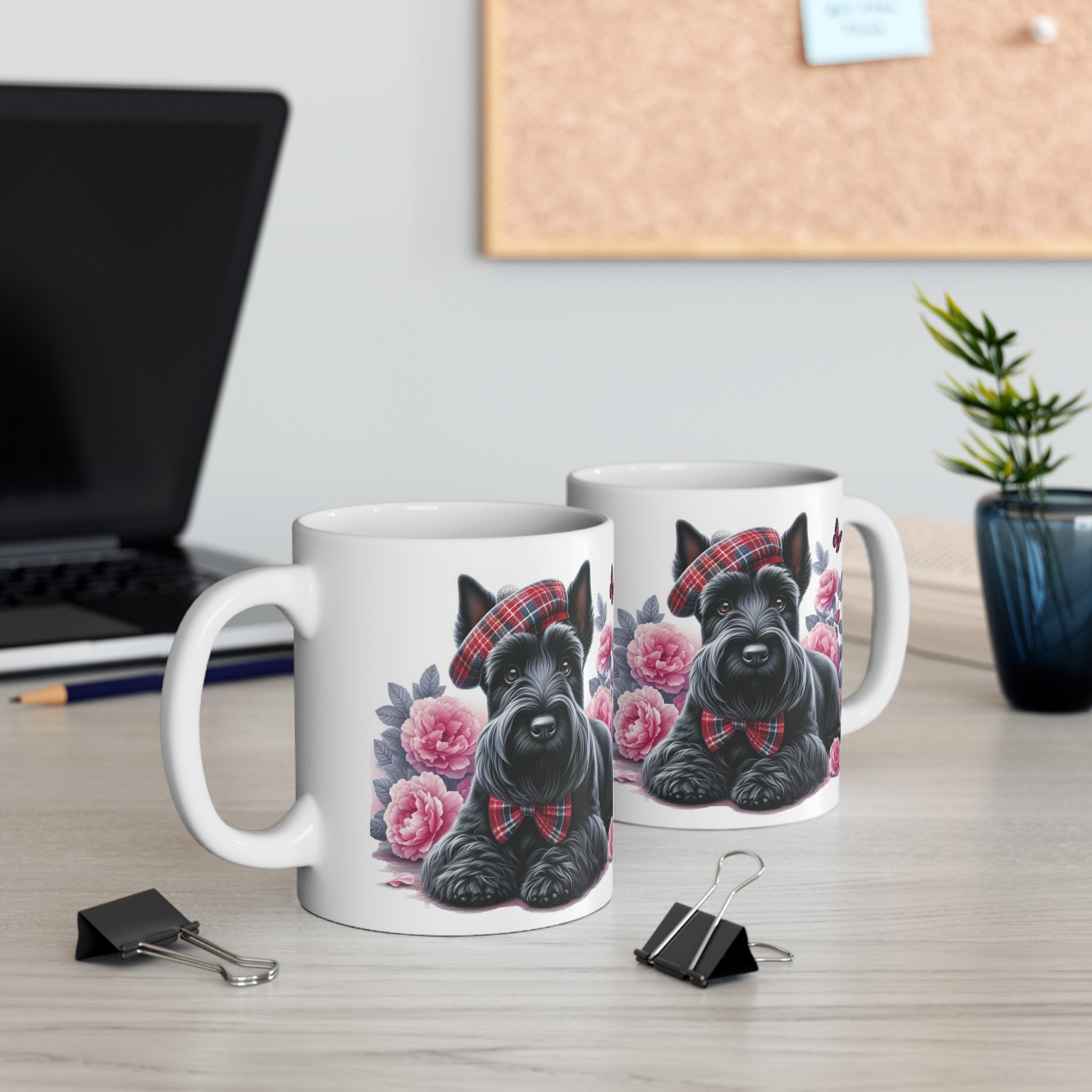 Scottish Terrier Floral 11oz Coffee Mug — Cute Scotty Dog with Plaid Hat & Bow