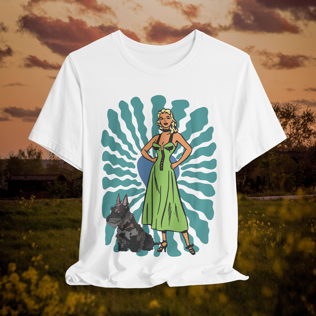 Retro Style Unisex Jersey Tee with Dog and Floral Design