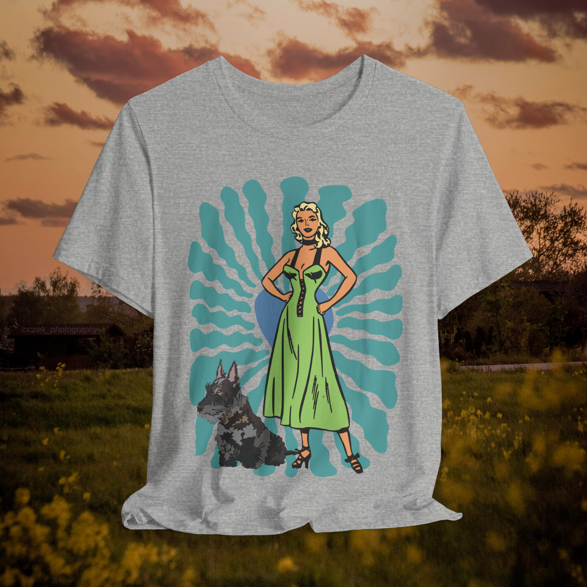 Retro Style Unisex Jersey Tee with Dog and Floral Design